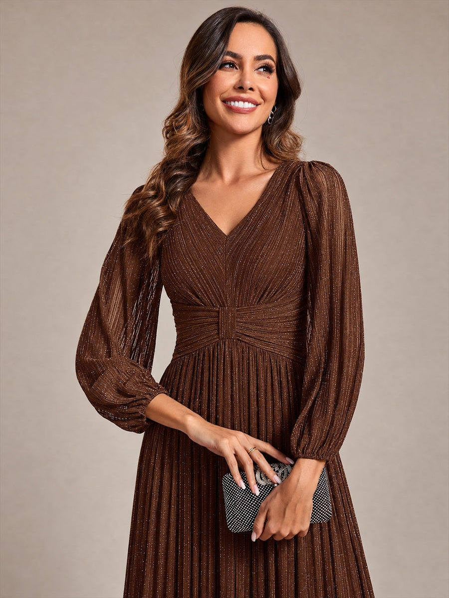 Robe de soirée trapèze à manches longues et taille empire scintillante #Couleur_Marron chocolat