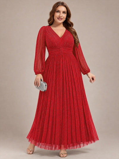 pretty BRYM|Robe de soirée trapèze transparente à manches longues et taille empire éblouissante de grande taille