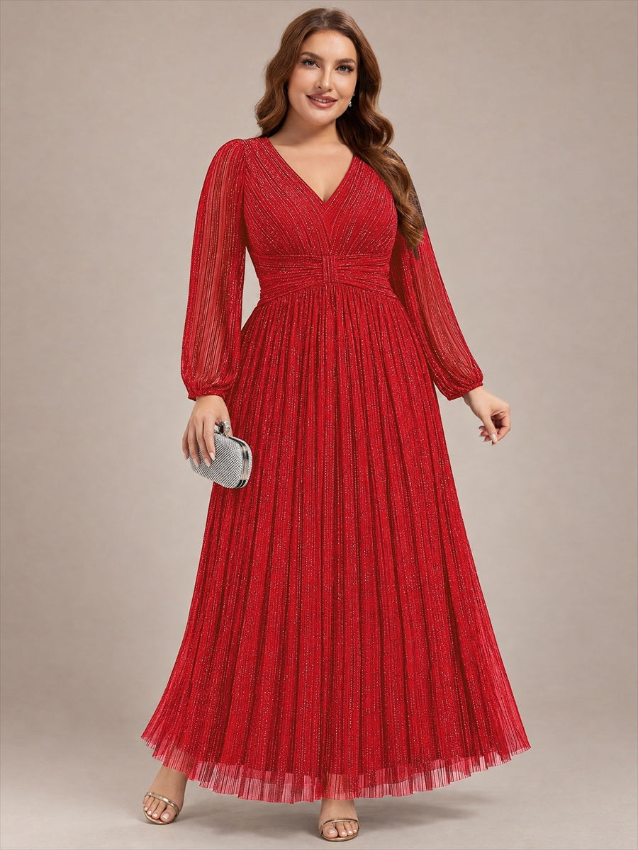 Robe de soirée trapèze à manches longues et taille empire scintillante #Couleur_Rouge