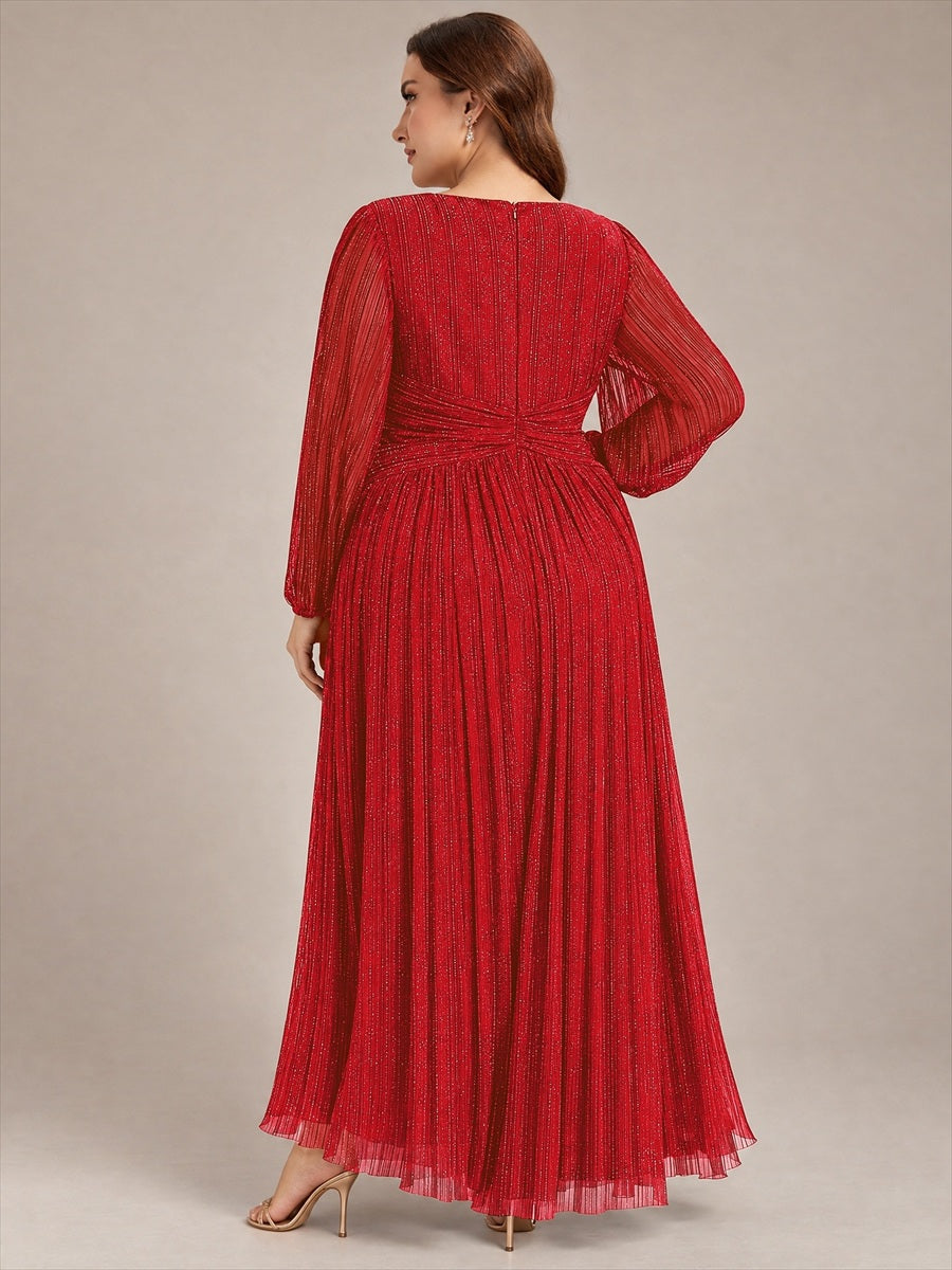 Robe de soirée trapèze à manches longues et taille empire scintillante #Couleur_Rouge