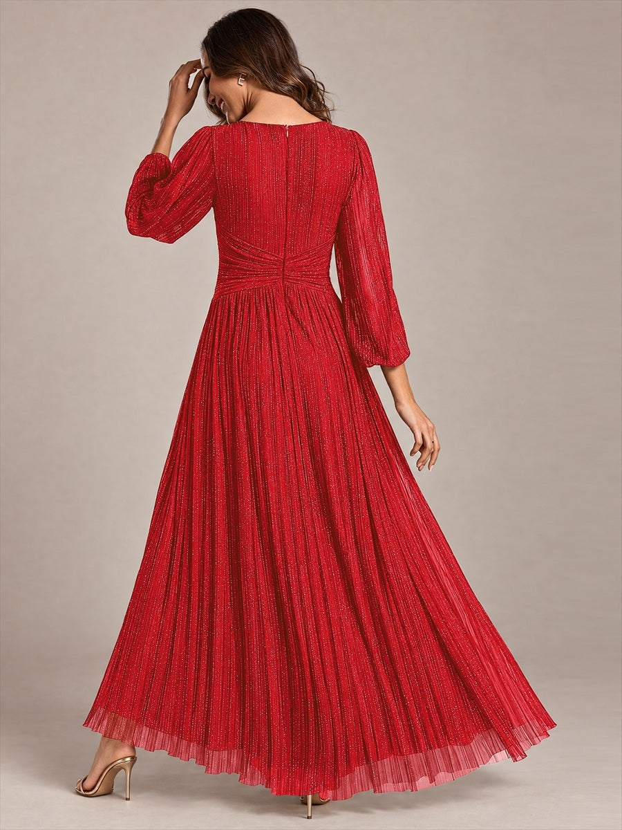 Robe de soirée trapèze à manches longues et taille empire scintillante #Couleur_Rouge