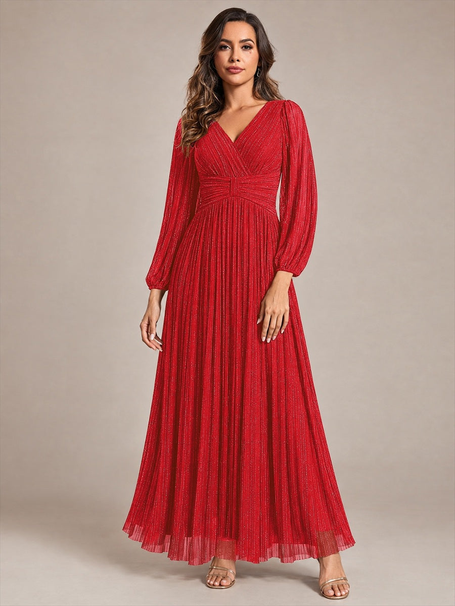 Robe de soirée trapèze à manches longues et taille empire scintillante #Couleur_Rouge