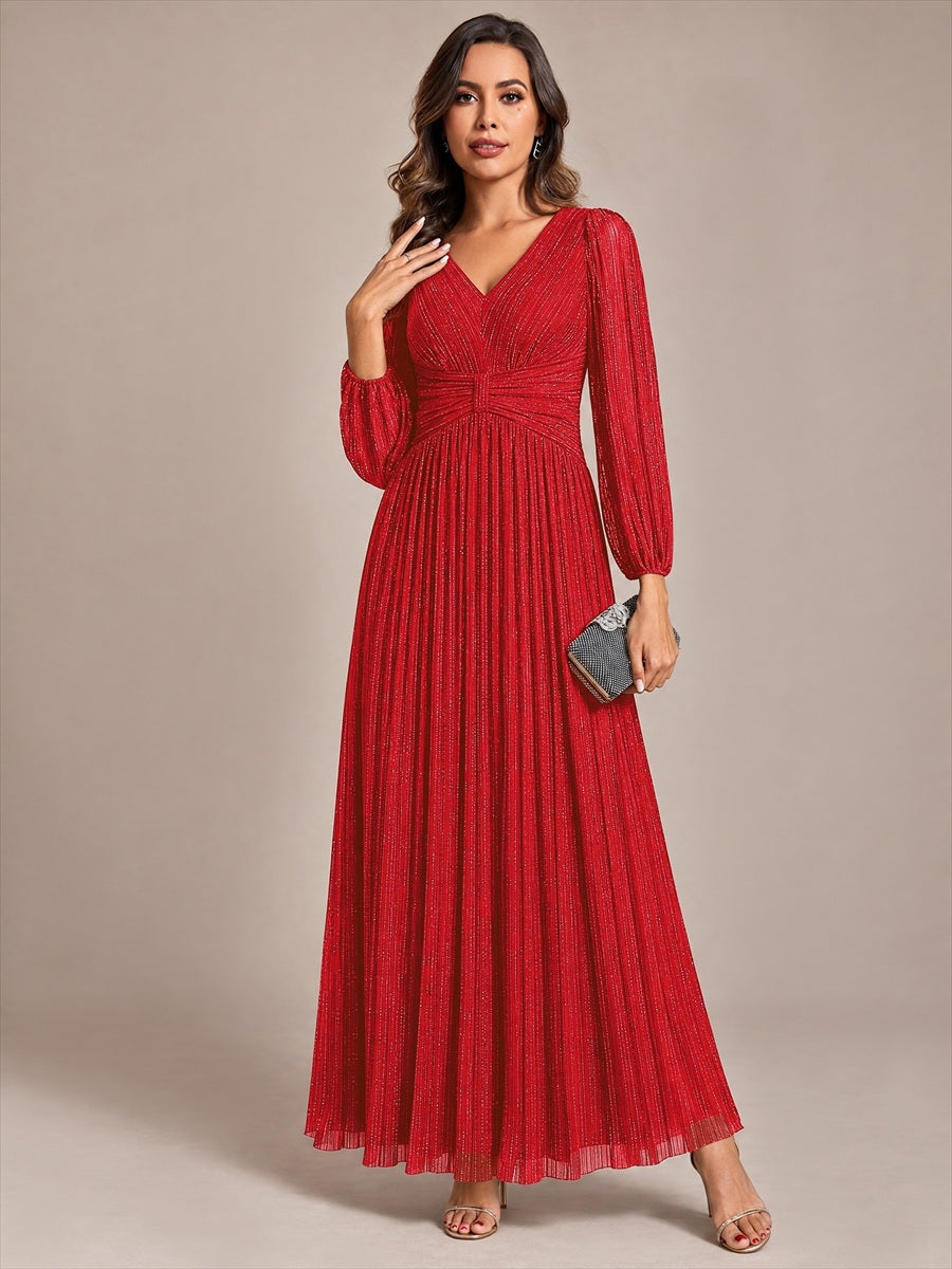 Robe de soirée trapèze à manches longues et taille empire scintillante #Couleur_Rouge