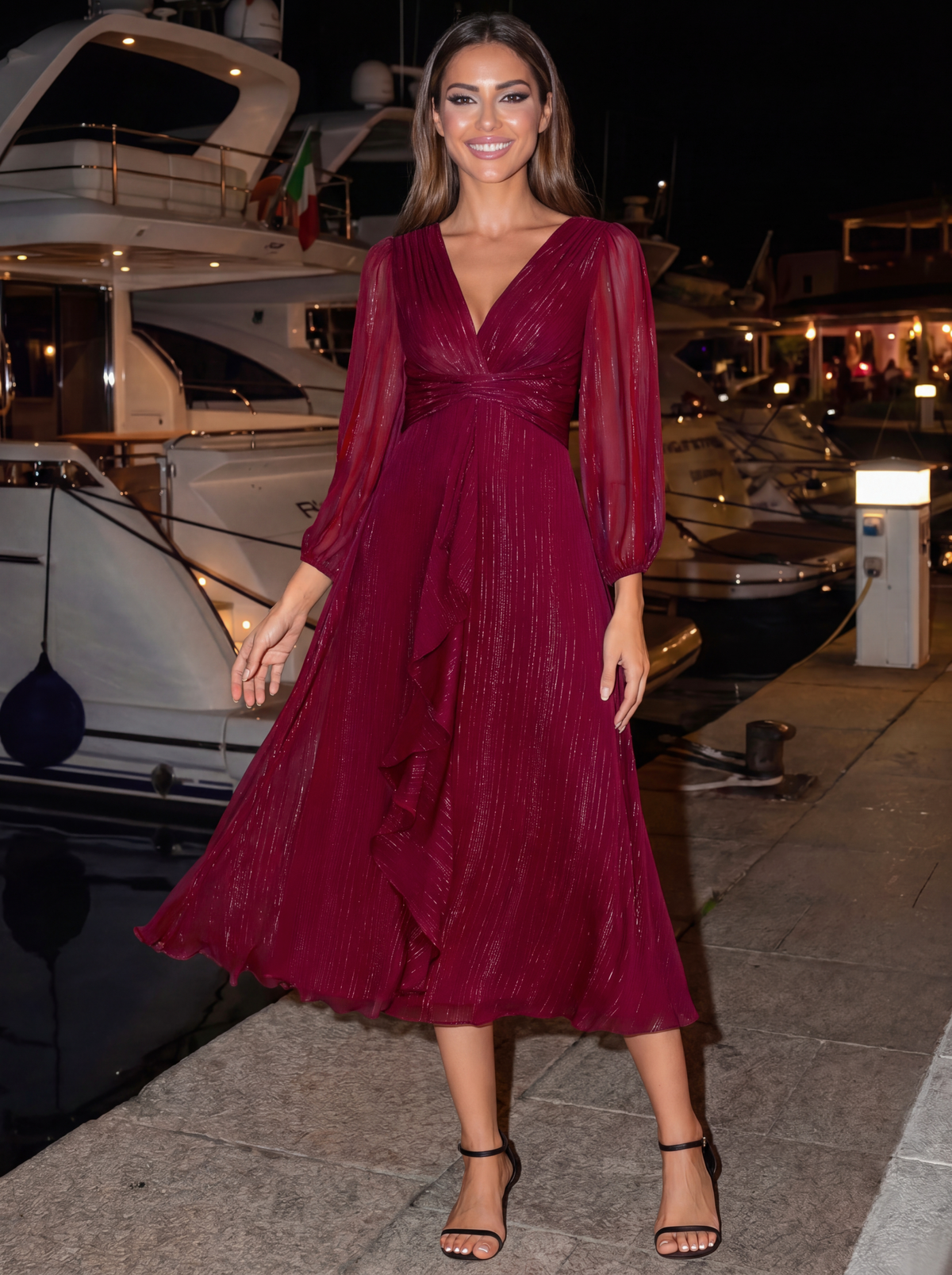 Robe de soirée trapèze scintillante à manches longues et col en V en mousseline de soie avec n?ud torsadé #Couleur_Bordeaux