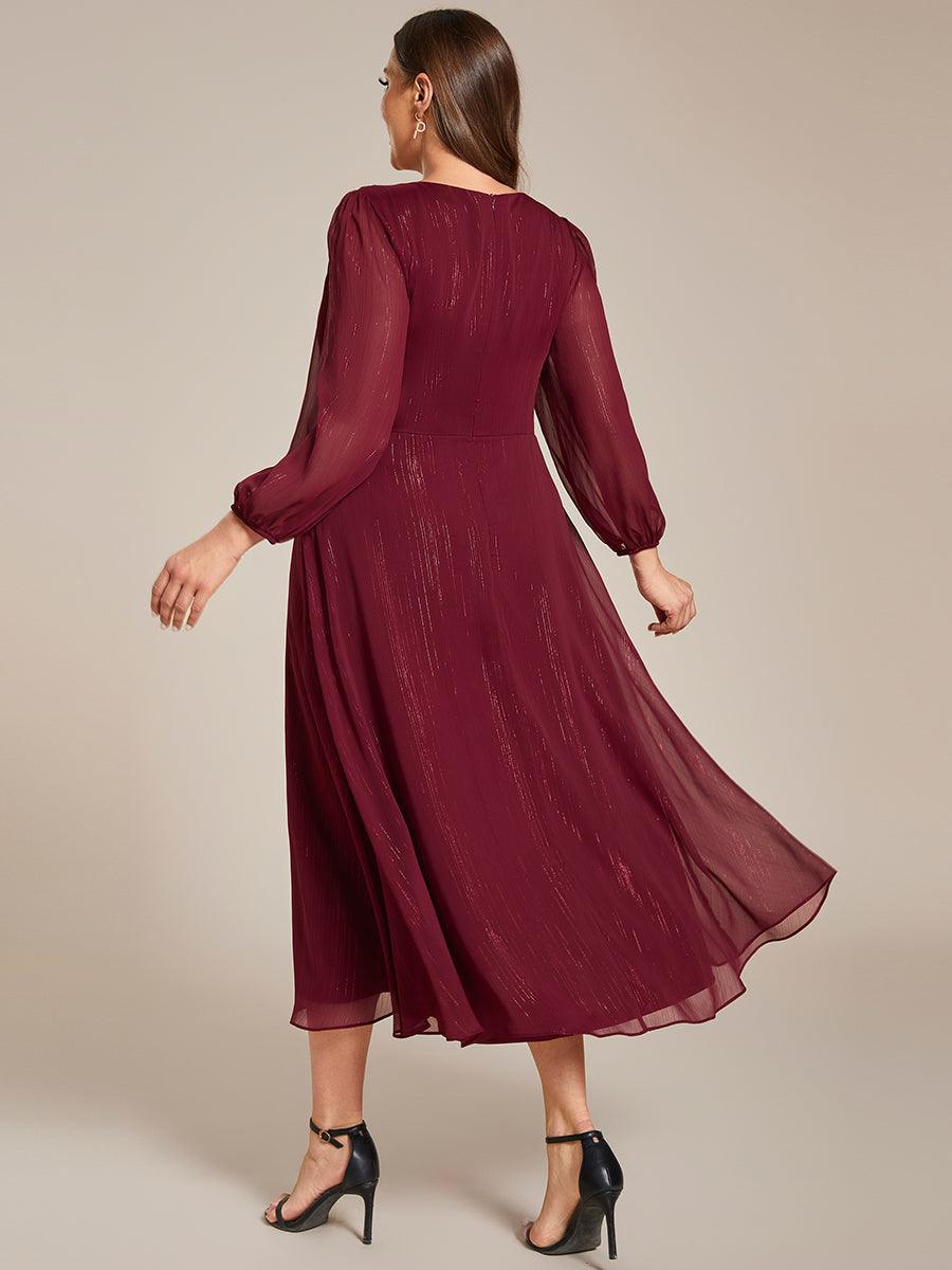 Robe de soirée trapèze scintillante à manches longues et col en V en mousseline de soie avec n?ud torsadé #Couleur_Bordeaux