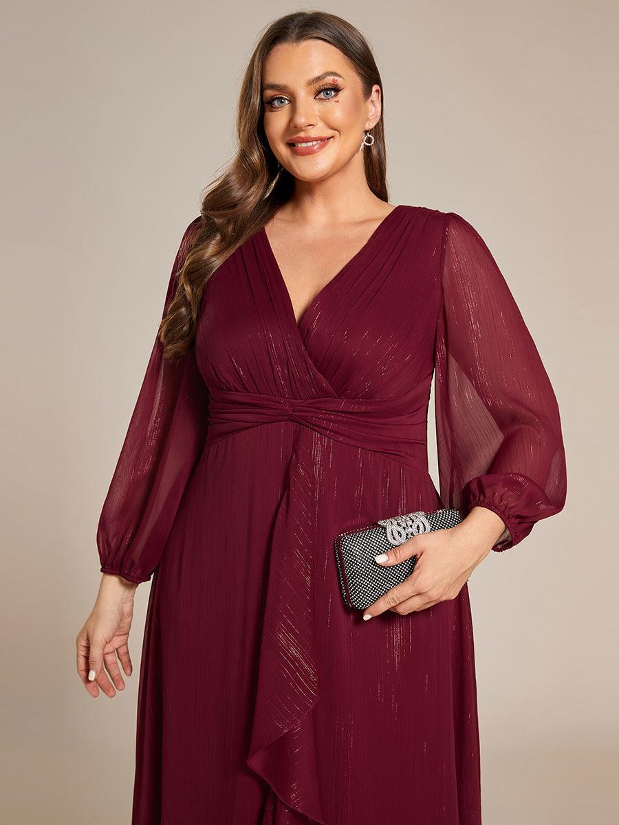 Robe de soirée trapèze scintillante à manches longues et col en V en mousseline de soie avec n?ud torsadé #Couleur_Bordeaux
