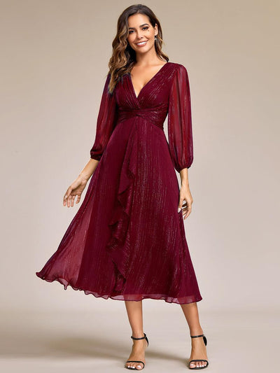 ever EMBER|Robe de soirée trapèze scintillante à manches longues et col en V en mousseline de soie avec torsadé(Vente finale)