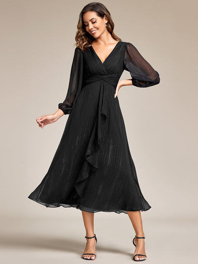 ever EMBER|Robe de soirée coupe trapèze scintillante à manches longues et avec col en V en mousseline de soie avec torsadé(Vente finale)