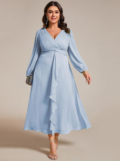 pretty EMBER|Robe de soirée grande taille trapèze scintillante à manches longues et col V en mousseline de soie torsadé(Vente finale)