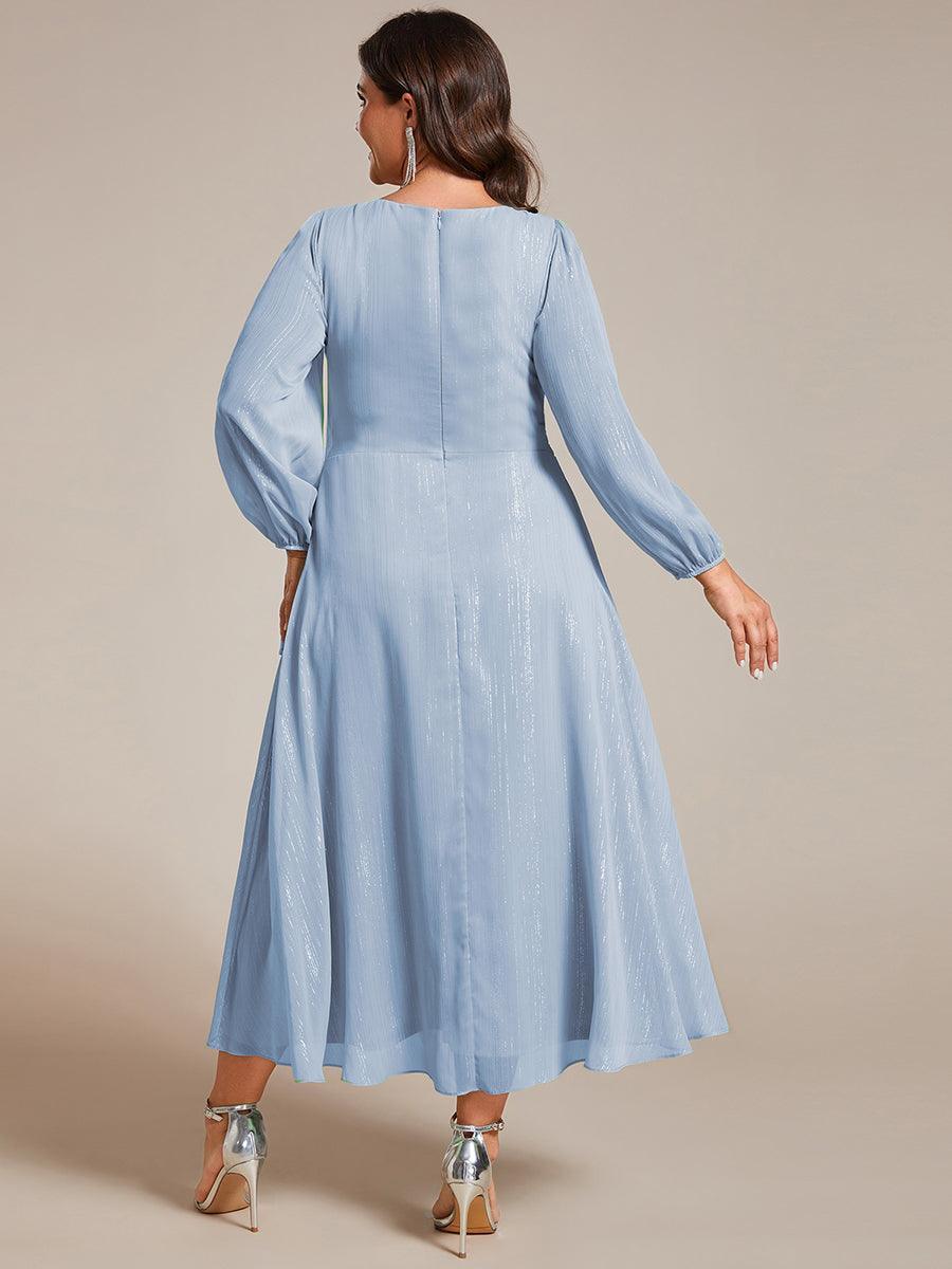 Robe de soirée trapèze scintillante à manches longues et col en V en mousseline de soie avec n?ud torsadé #Couleur_Bleu Ciel