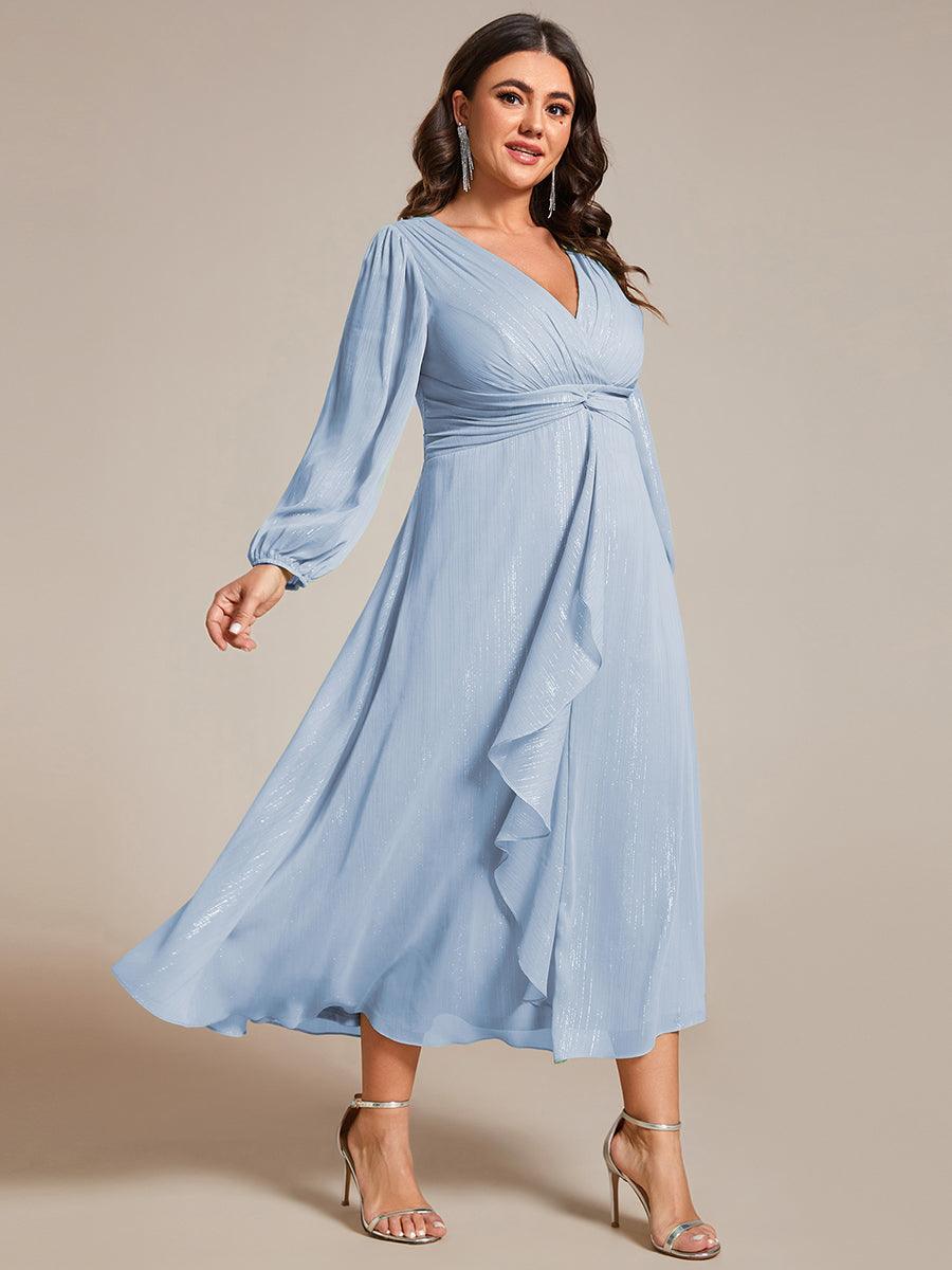 Grande taille Robe de soirée trapèze scintillante à manches longues et col en V en mousseline de soie avec n?ud torsadé #Couleur_Bleu Ciel