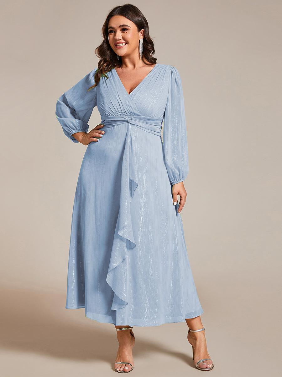Robe de soirée trapèze scintillante à manches longues et col en V en mousseline de soie avec n?ud torsadé #Couleur_Bleu Ciel