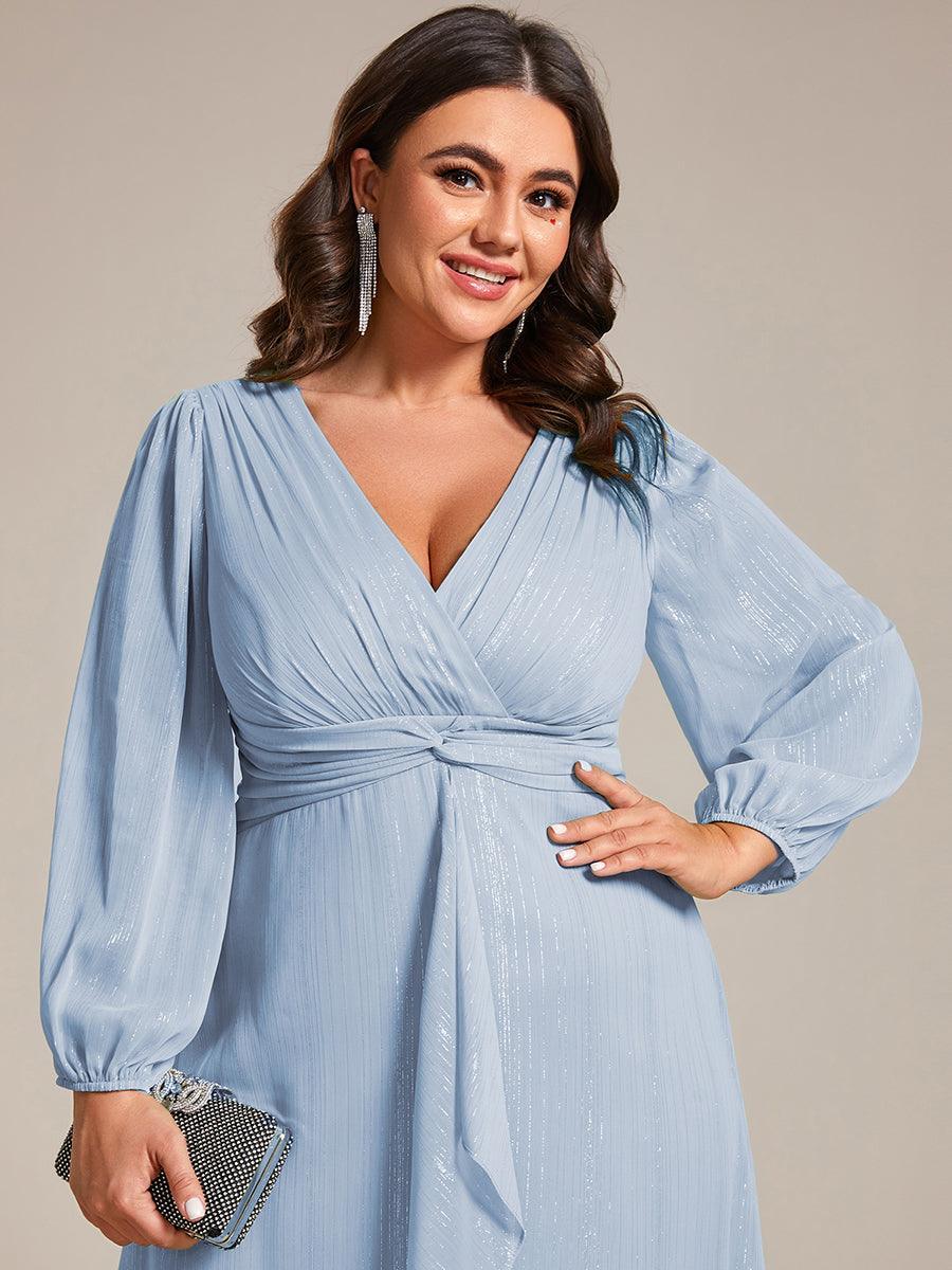 Robe de soirée trapèze scintillante à manches longues et col en V en mousseline de soie avec n?ud torsadé #Couleur_Bleu Ciel