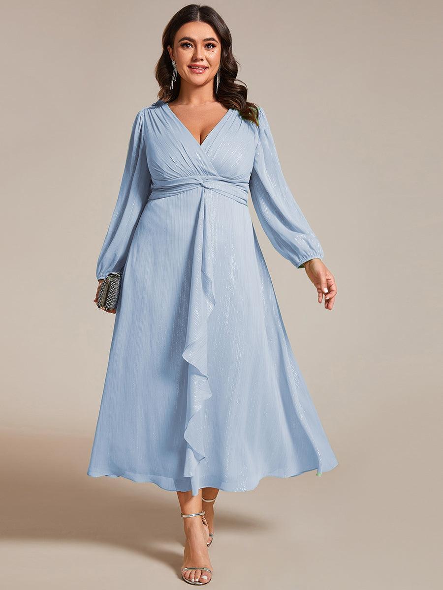Robe de soirée trapèze scintillante à manches longues et col en V en mousseline de soie avec n?ud torsadé #Couleur_Bleu Ciel