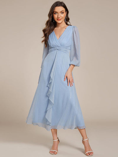 ever EMBER|Robe de soirée trapèze scintillante à manches longues et col en V en mousseline de soie avec torsadé(Vente finale)