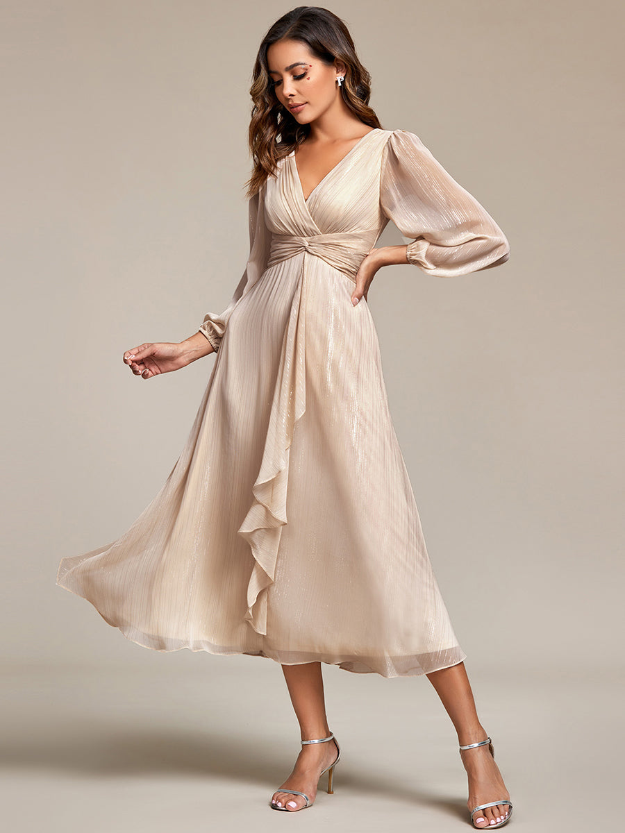 Robe de soirée trapèze scintillante à manches longues et col en V en mousseline de soie avec n?ud torsadé #Couleur_Charbon