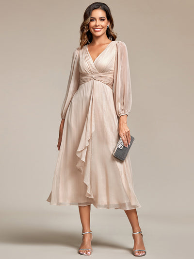 ever EMBER|Robe de soirée coupe trapèze scintillante à manches longues et avec col en V en mousseline de soie avec torsadé(Vente finale)