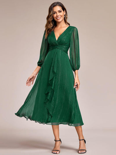 ever EMBER|Robe de soirée coupe trapèze scintillante à manches longues et avec col en V en mousseline de soie avec torsadé(Vente finale)