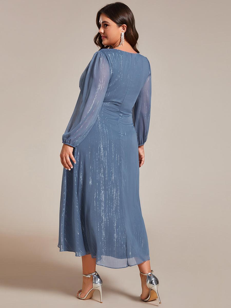 Robe de soirée trapèze scintillante à manches longues et col en V en mousseline de soie avec n?ud torsadé #Couleur_Marine Fume