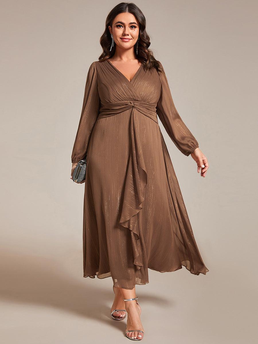 Grande taille Robe de soirée trapèze scintillante à manches longues et col en V en mousseline de soie avec n?ud torsadé #Couleur_Empereur