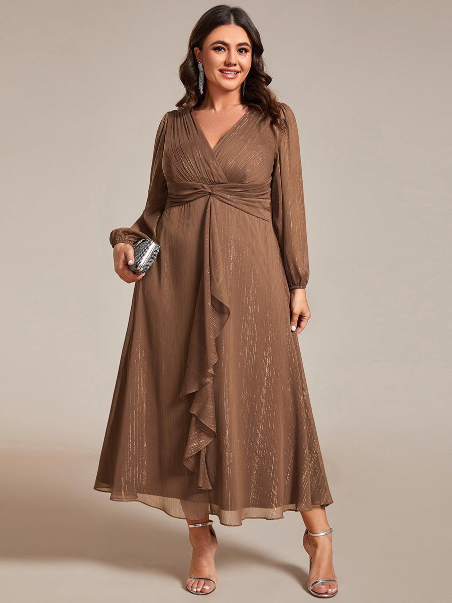 Grande taille Robe de soirée trapèze scintillante à manches longues et col en V en mousseline de soie avec n?ud torsadé #Couleur_Empereur