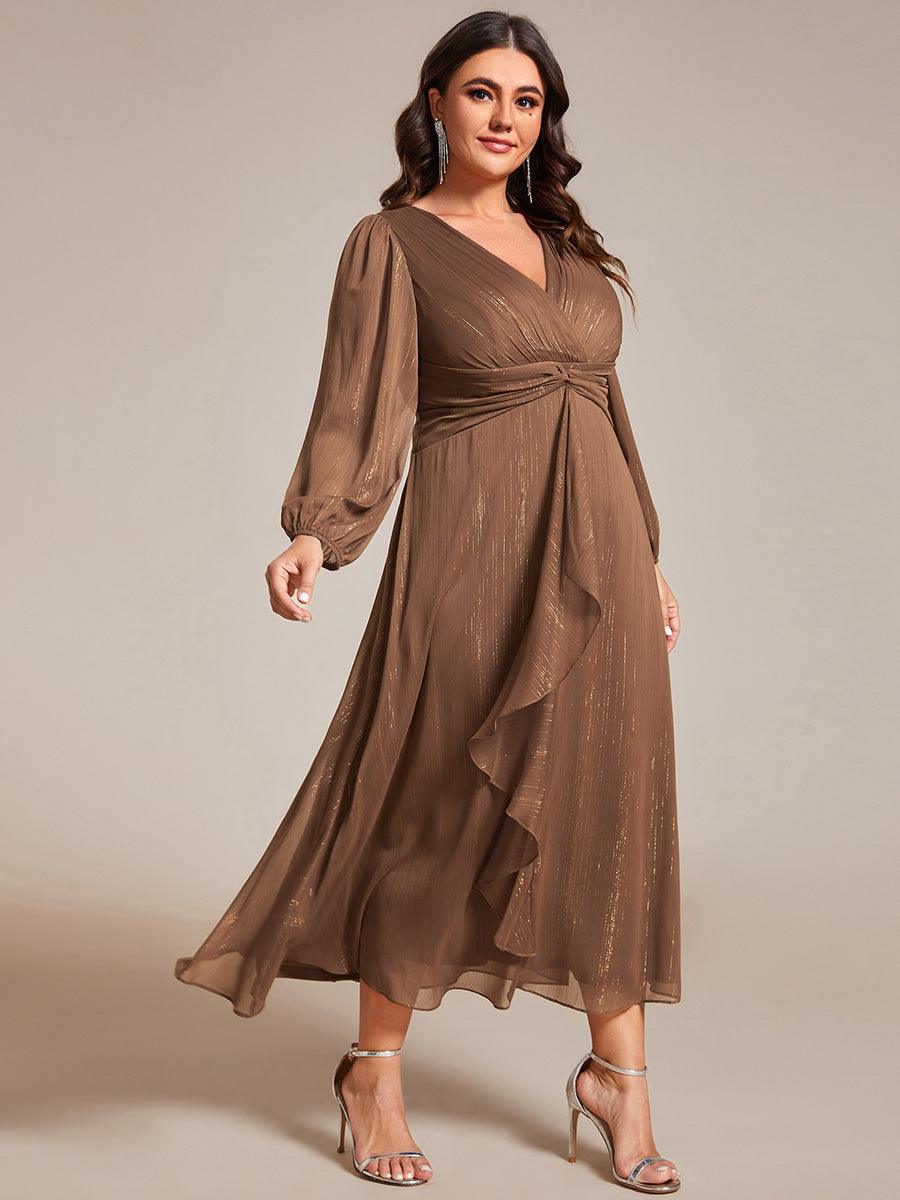 Grande taille Robe de soirée trapèze scintillante à manches longues et col en V en mousseline de soie avec n?ud torsadé #Couleur_Empereur