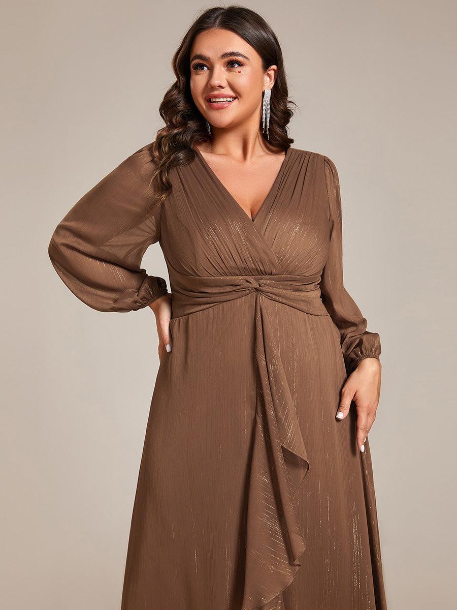 Grande taille Robe de soirée trapèze scintillante à manches longues et col en V en mousseline de soie avec n?ud torsadé #Couleur_Empereur