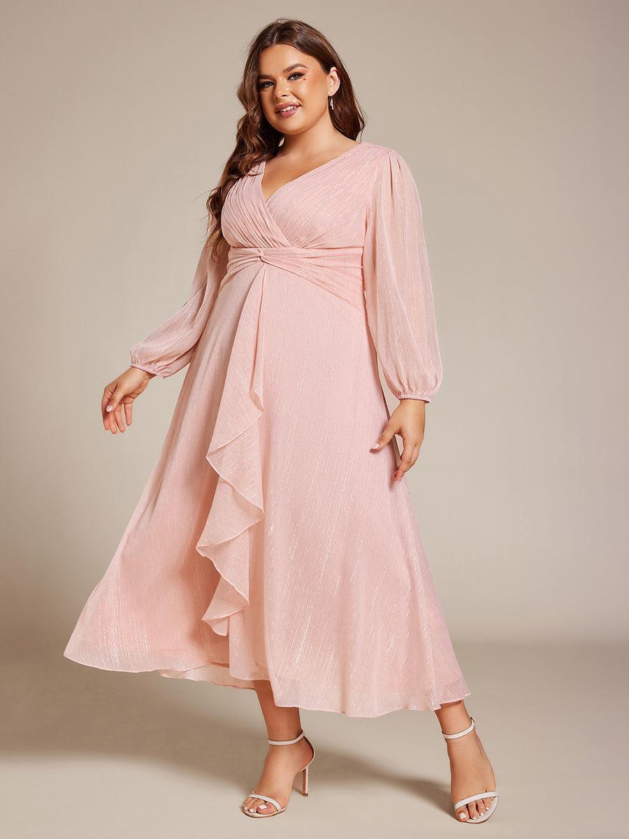 Grande taille Robe de soirée trapèze scintillante à manches longues et col en V en mousseline de soie avec n?ud torsadé #Couleur_Rose