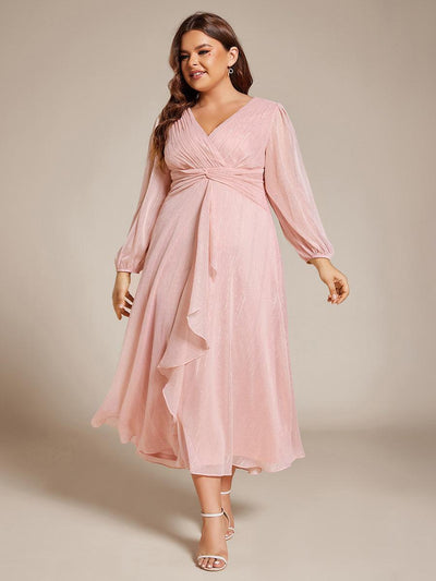 pretty EMBER|Robe de soirée grande taille trapèze scintillante à manches longues et col V en mousseline de soie torsadé(Vente finale)