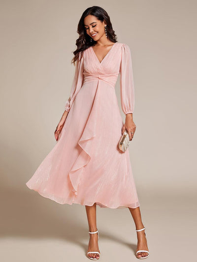ever EMBER|Robe de soirée trapèze scintillante à manches longues et col en V en mousseline de soie avec torsadé(Vente finale)