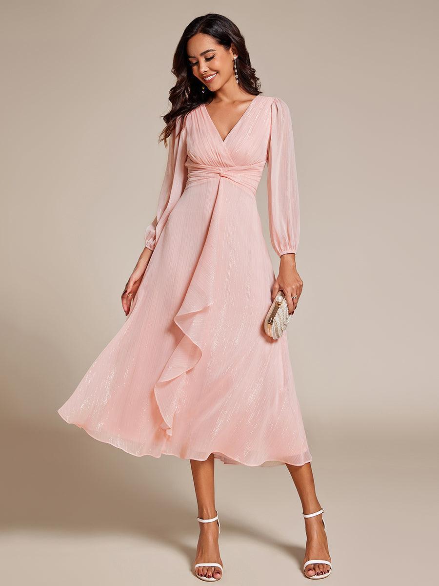 Robe de soirée trapèze scintillante à manches longues et col en V en mousseline de soie avec n?ud torsadé #Couleur_Rose