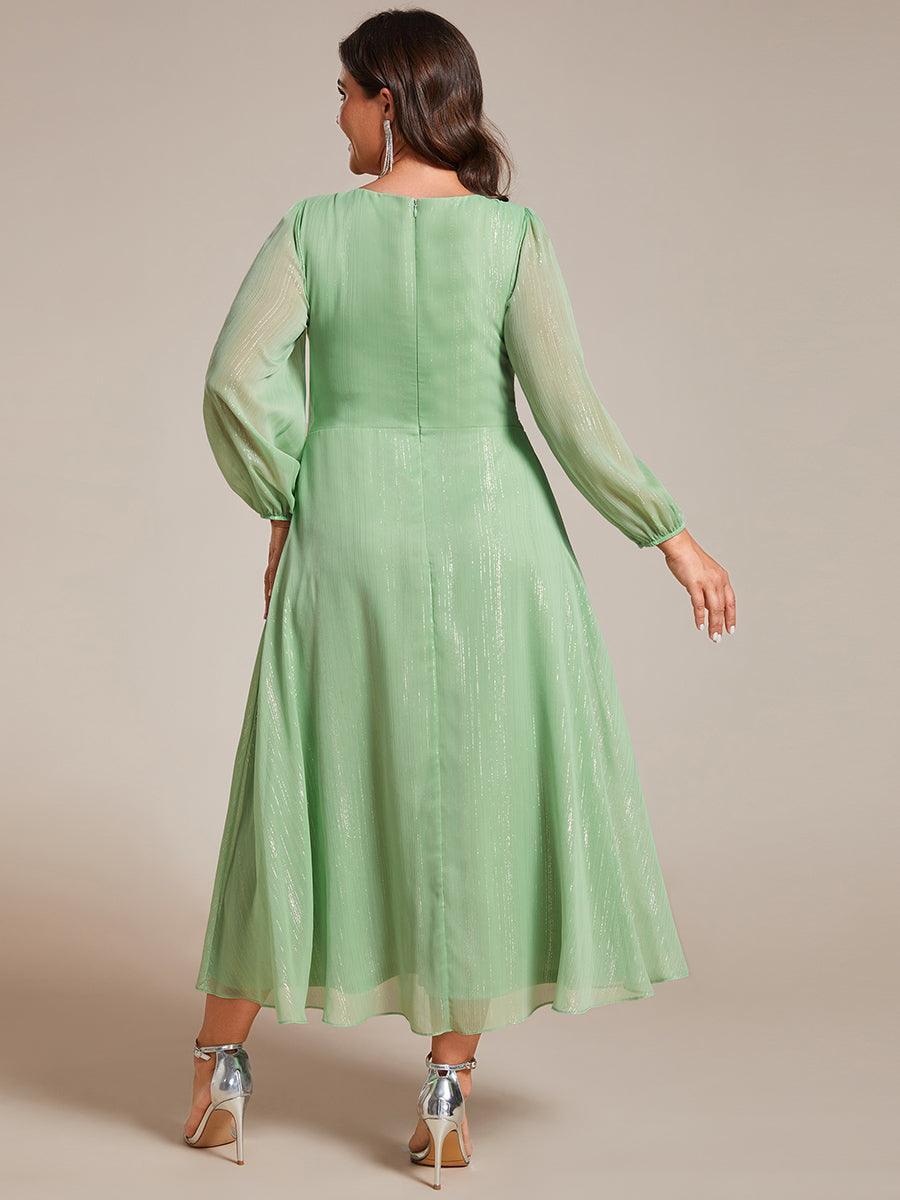 Robe de soirée trapèze scintillante à manches longues et col en V en mousseline de soie avec n?ud torsadé #Couleur_Vert d'été