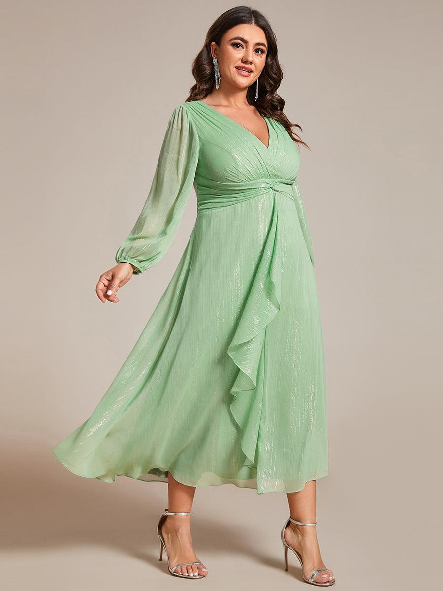 Robe de soirée trapèze scintillante à manches longues et col en V en mousseline de soie avec n?ud torsadé #Couleur_Vert d'été