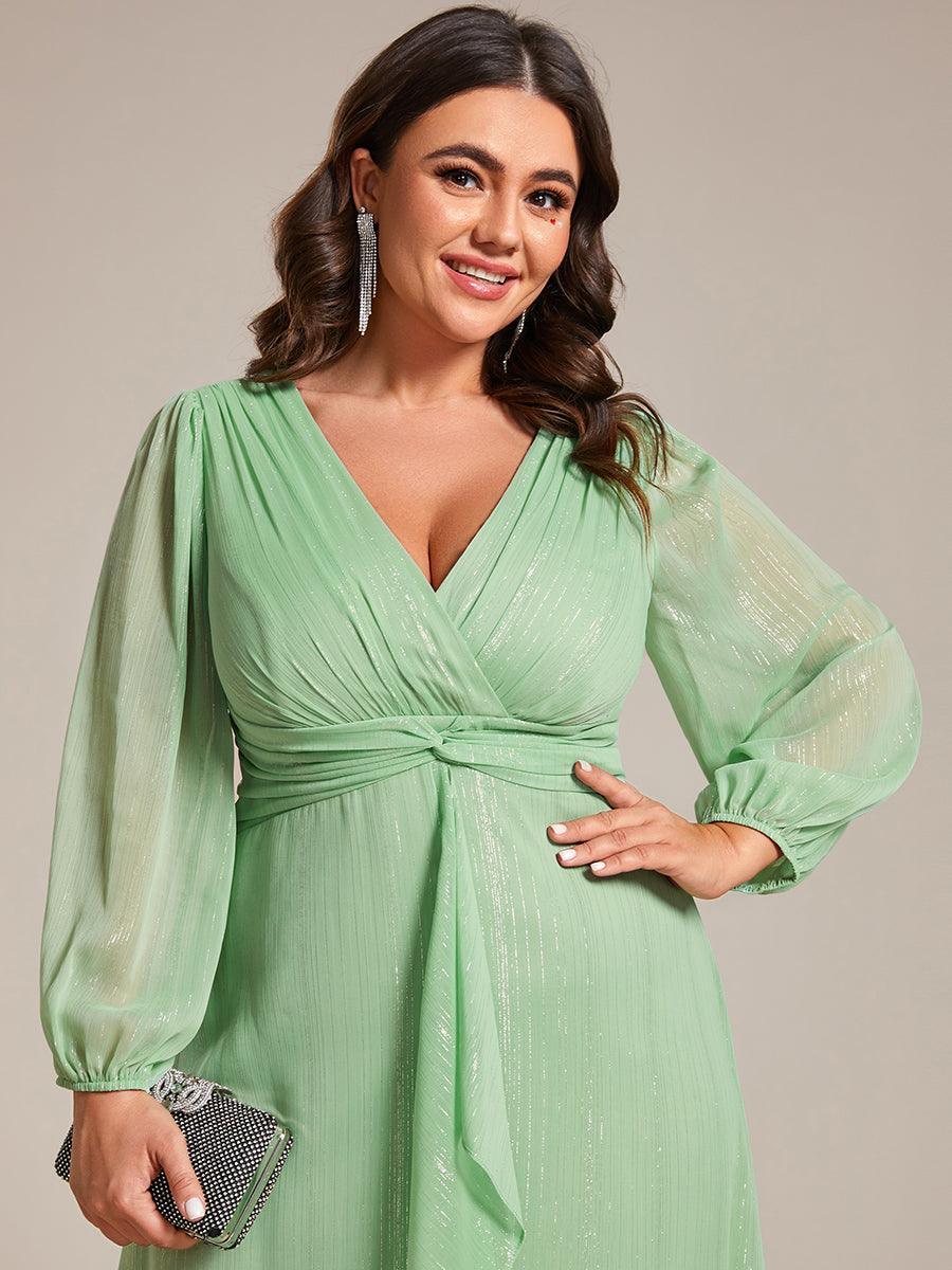 Robe de soirée trapèze scintillante à manches longues et col en V en mousseline de soie avec n?ud torsadé #Couleur_Vert d'été