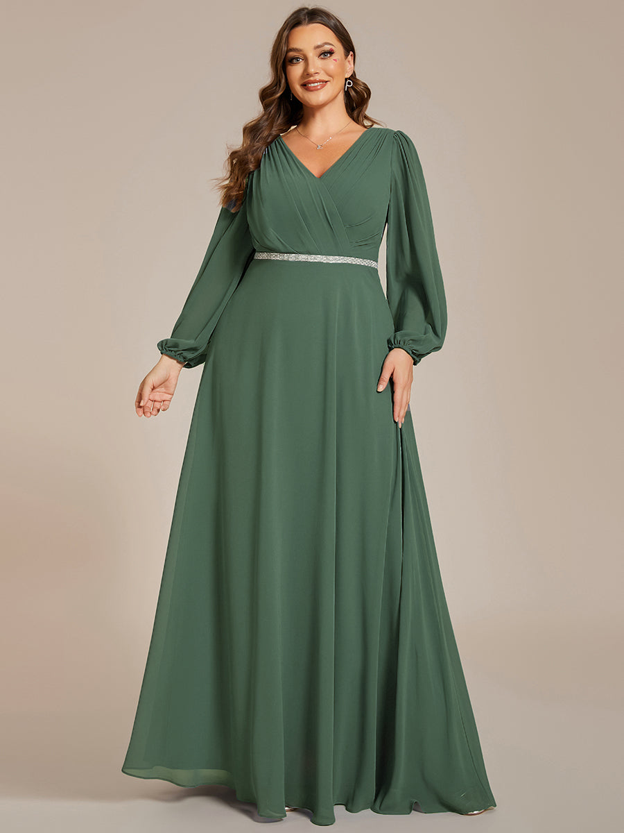 Robe de soirée plissée en mousseline de soie double col en V manches longues ceinture brillante #Couleur_Eucalyptus
