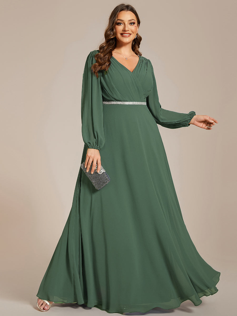 Robe de soirée plissée en mousseline de soie double col en V manches longues ceinture brillante #Couleur_Eucalyptus