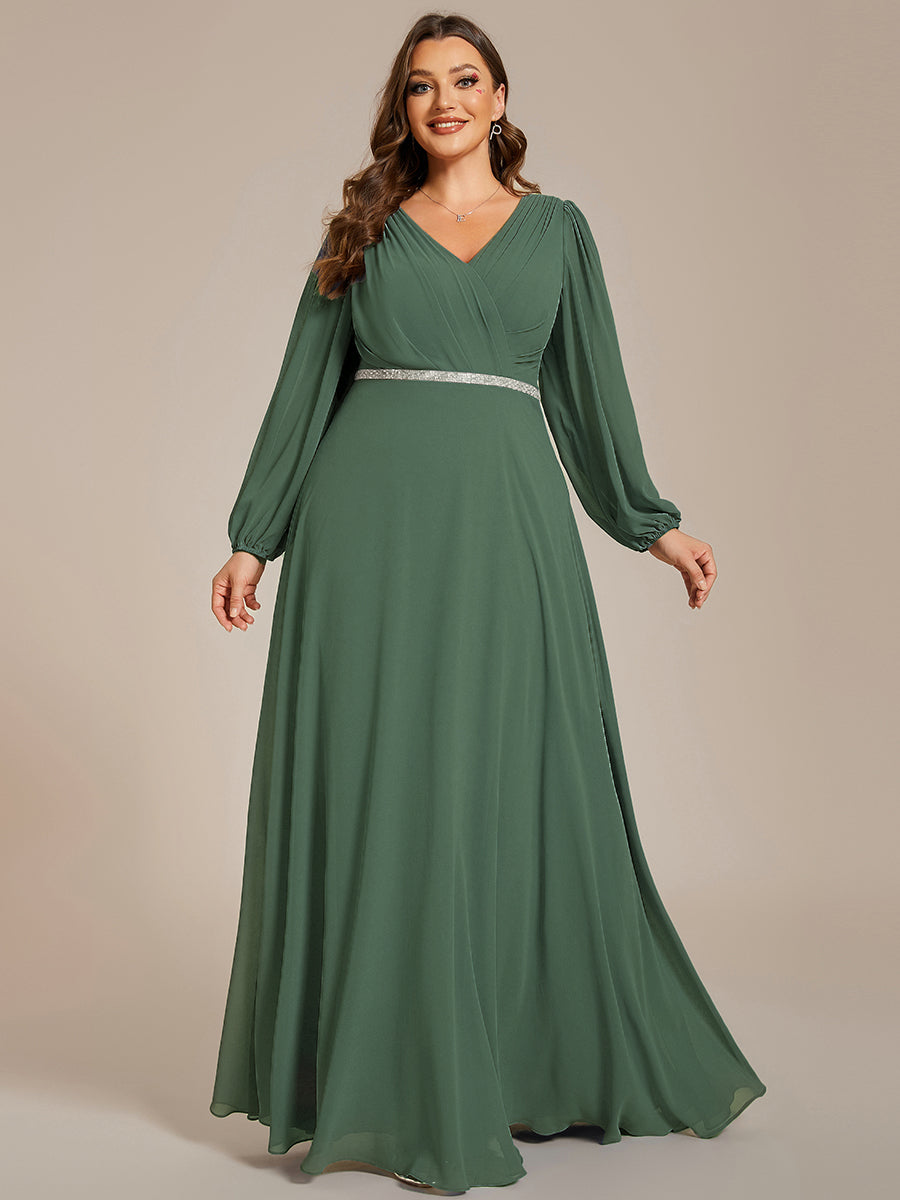 Robe de soirée plissée en mousseline de soie double col en V manches longues ceinture brillante #Couleur_Eucalyptus