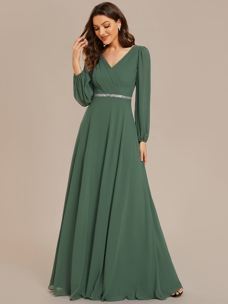 Robe de soirée plissée en mousseline de soie double col en V manches longues ceinture brillante #Couleur_Eucalyptus