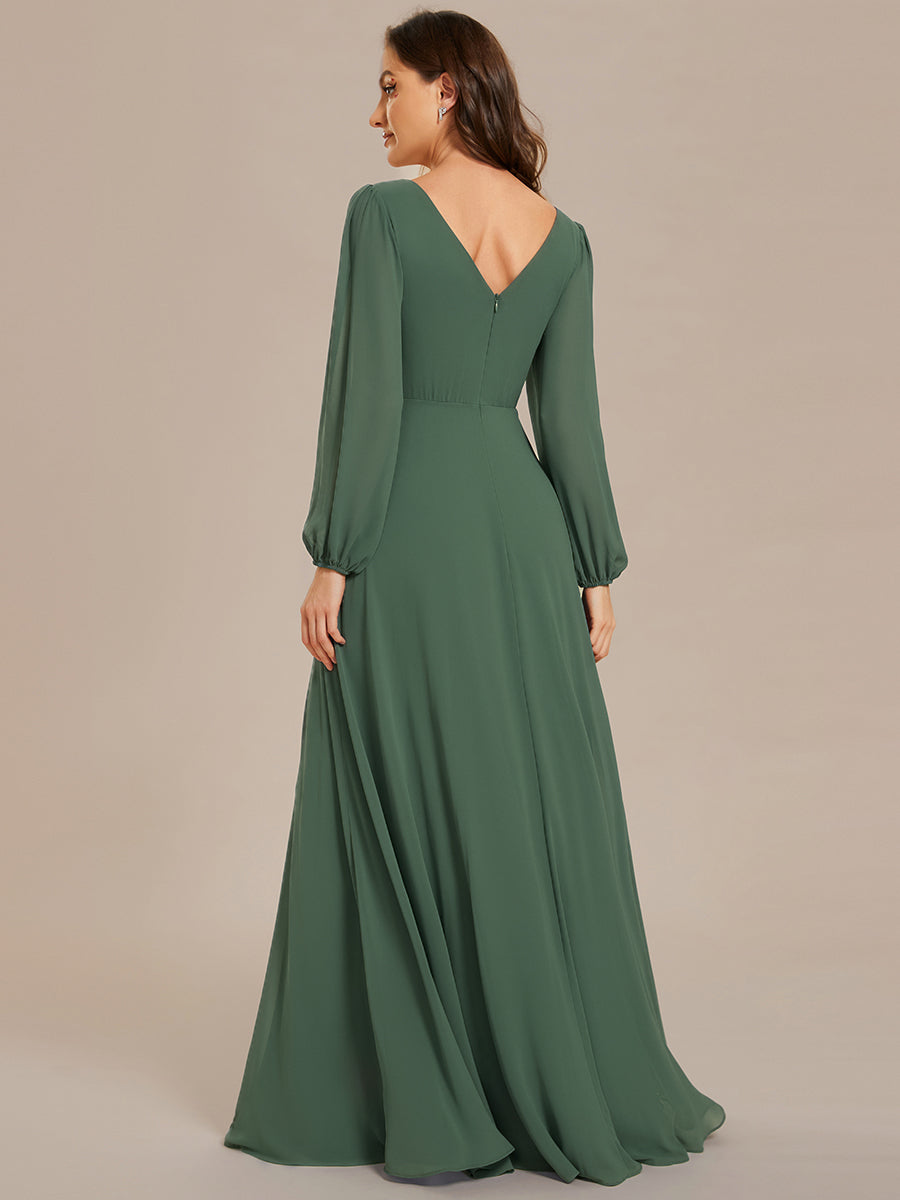 Robe de soirée plissée en mousseline de soie double col en V manches longues ceinture brillante #Couleur_Eucalyptus