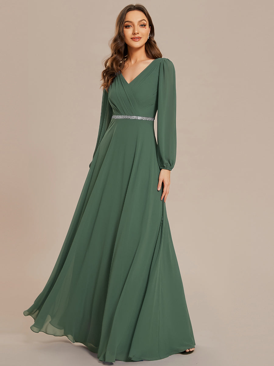 Robe de soirée plissée en mousseline de soie double col en V manches longues ceinture brillante #Couleur_Eucalyptus