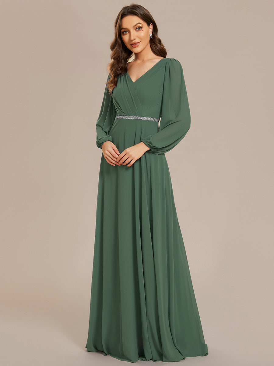 Robe de soirée plissée en mousseline de soie double col en V manches longues ceinture brillante #Couleur_Eucalyptus