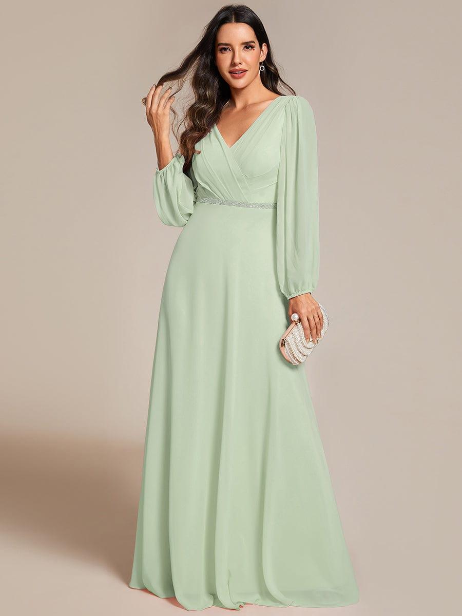 Grande Taille Robe de soirée plissée en mousseline de soie double col en V manches longues ceinture brillan #Couleur_Menthe Verte