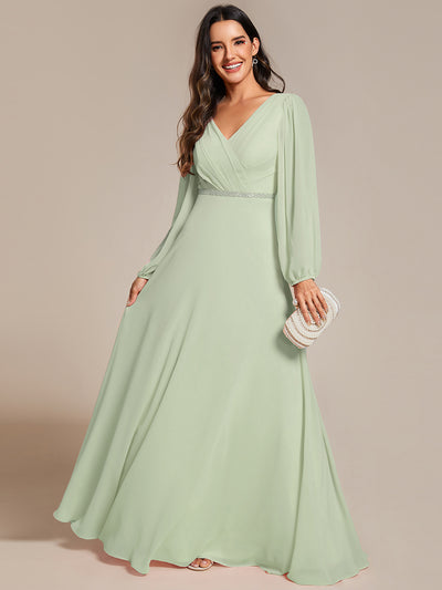 ever ESMÉE|Robe de mère de la mariée en mousseline plissée à col en V et ceinture brillante (Vente finale)