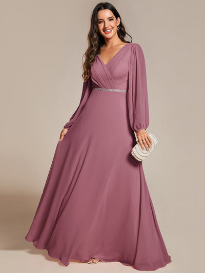 pretty ESMÉE|Robe de soirée grande taille plissée en mousseline de soie double col V manches longues ceinture brillant