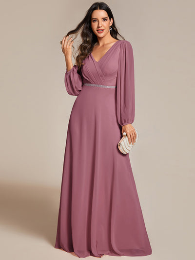 pretty ESMÉE|Robe de soirée grande taille plissée en mousseline de soie double col V manches longues ceinture brillant