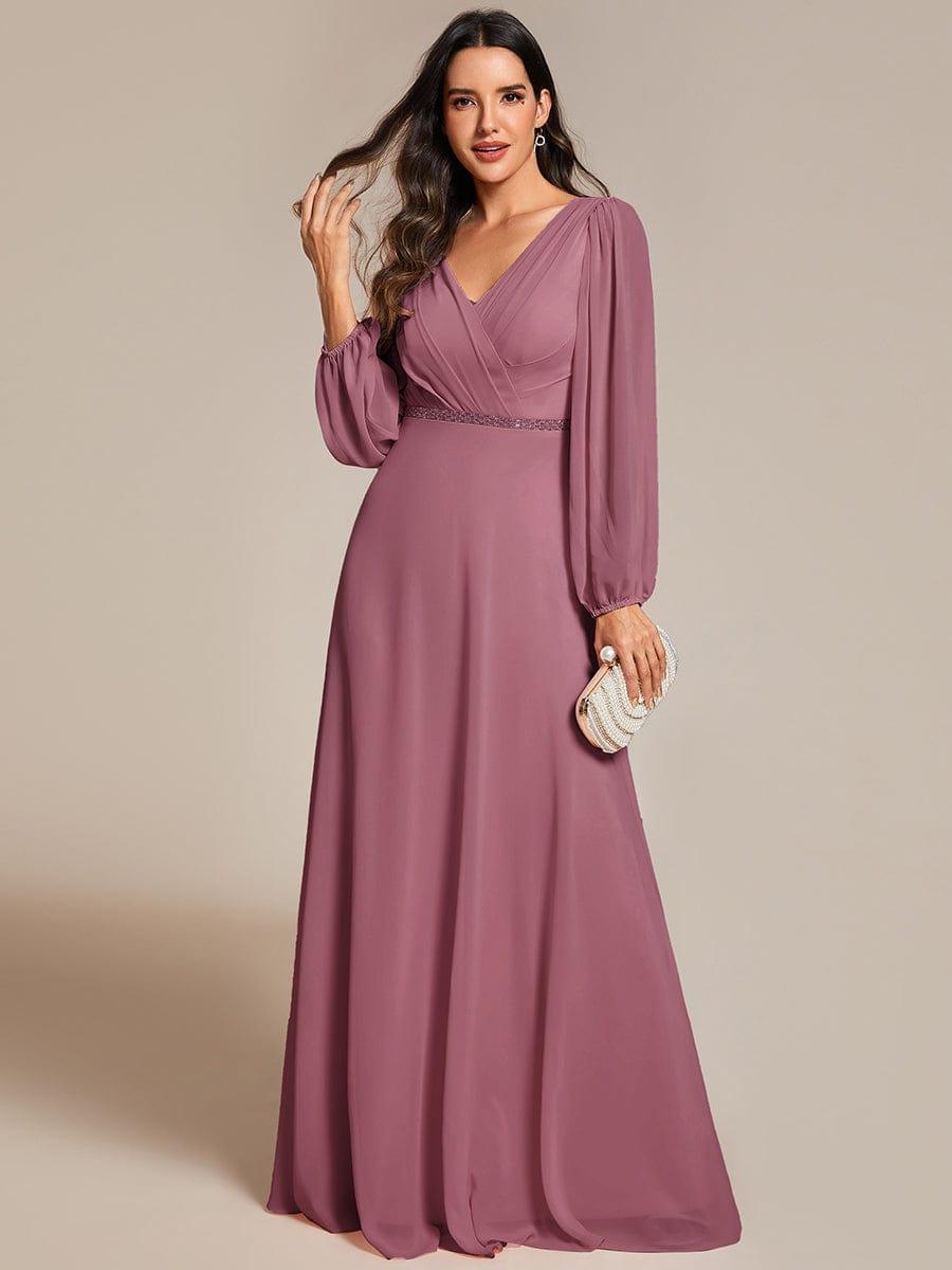 Grande Taille Robe de soirée plissée en mousseline de soie double col en V manches longues ceinture brillan #Couleur_Orchidee