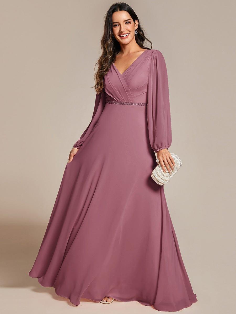 Robe de soirée plissée en mousseline de soie double col en V manches longues ceinture brillante #Couleur_Orchidee