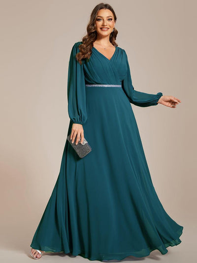 pretty ESMÉE|Robe de soirée grande taille plissée en mousseline de soie double col V manches longues ceinture brillant