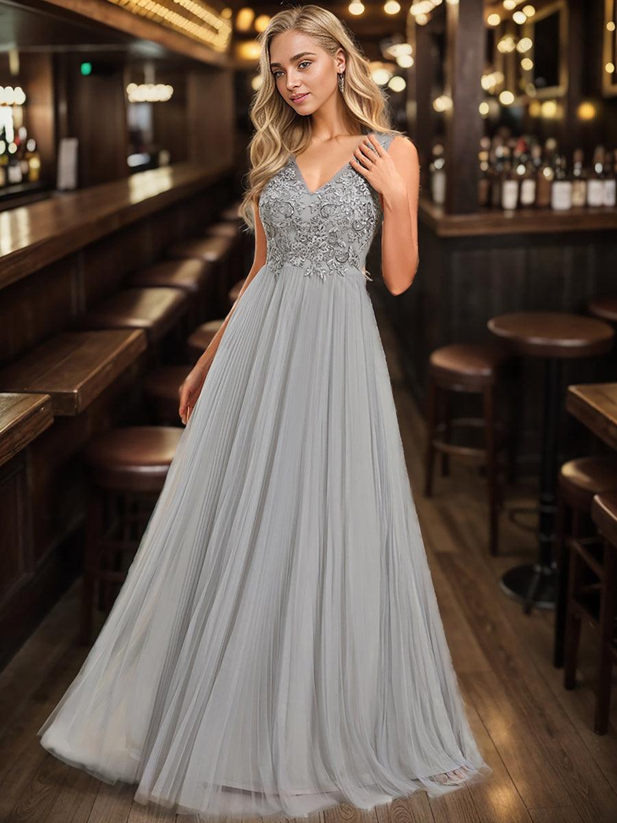 Robe de soirée en tulle trapèze sans manches avec corsage brodé d'appliques exquises(Vente finale)
