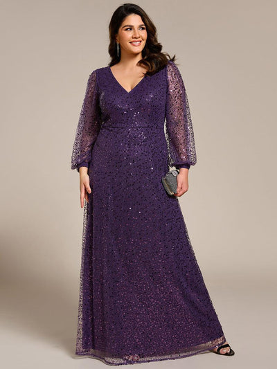 pretty RAYVEN|Robe de soirée grande taille trapèze à paillettes col V manches longues et paillettes
